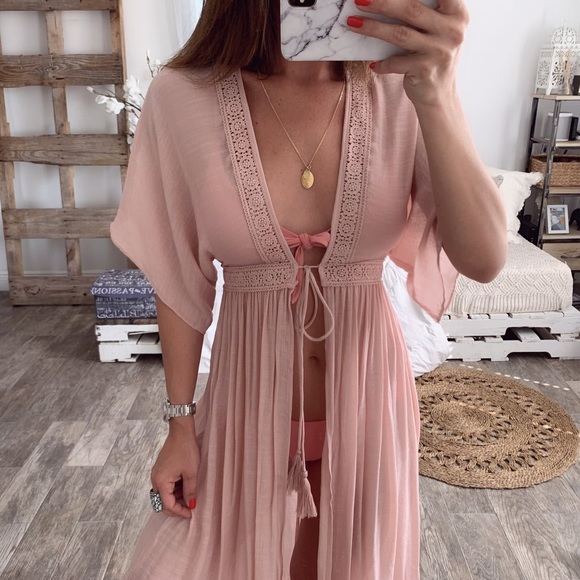 🌺 Pink Sheer Bikini CoverUp Kimono Dress - Picture 3 of 7